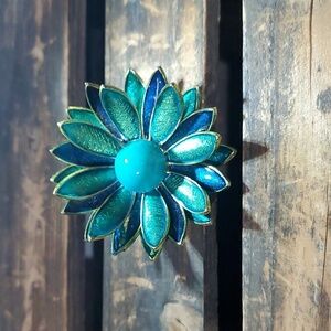 VINTAGE BLUE GREEN FLOWER BROOCH STAMPED MADE IN GERMANY